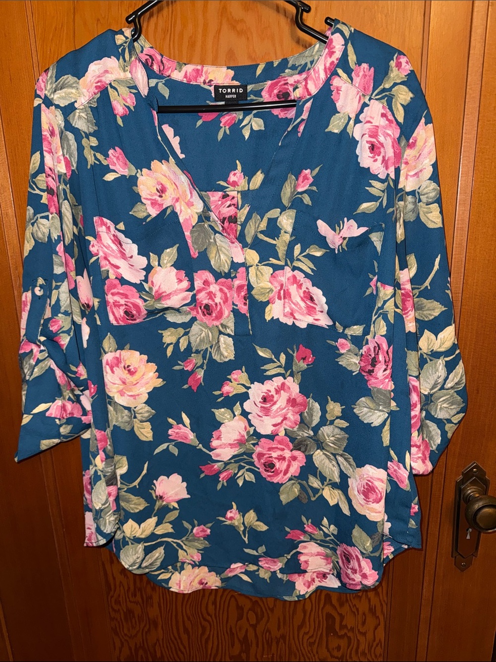 torrid Teal Floral V-Neck Blouse with Pink Roses